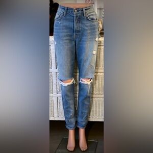 Boyish destructed bleach wash high waisted button fly jeans blue wash Size 27
